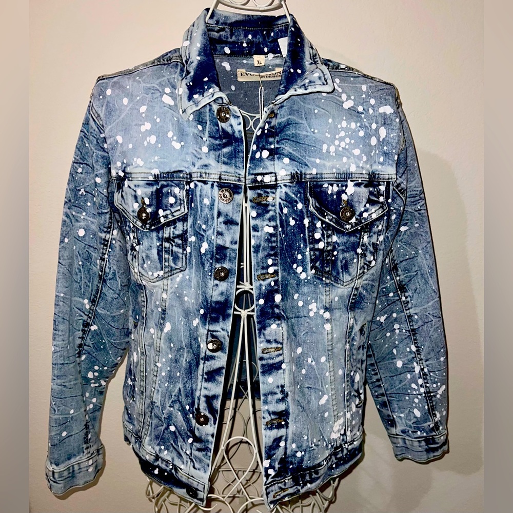 White Spotted Denim Jacket. Stretch Denim Material. Runs one size smaller.